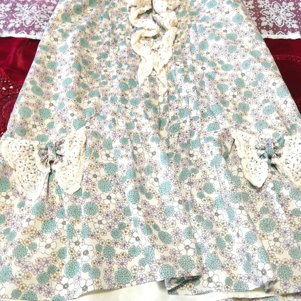 水色紫花柄白レースフリルノースリーブチュニック ネグリジェワンピース Light blue purple floral white lace frill tunic negligee dress