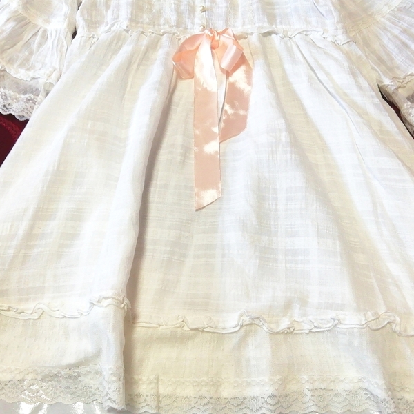  white cotton cotton long sleeve tunic pink satin ribbon negligee One-piece White cotton tunic pink satin ribbon negligee dress