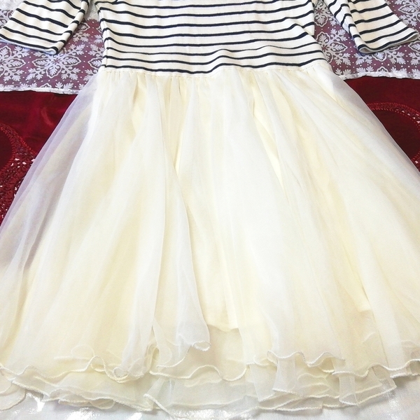 白黒縞々チュールスカート半袖フリルチュニック ネグリジェ ワンピース Black white striped tulle skirt tunic negligee nightwear dress