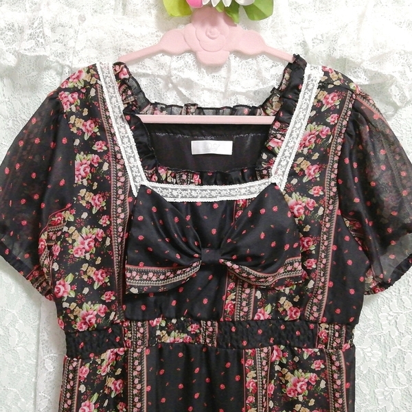  black floral print white race .. sama chiffon short sleeves tunic negligee One-piece Black floral white lace princess chiffon tunic negligee dress