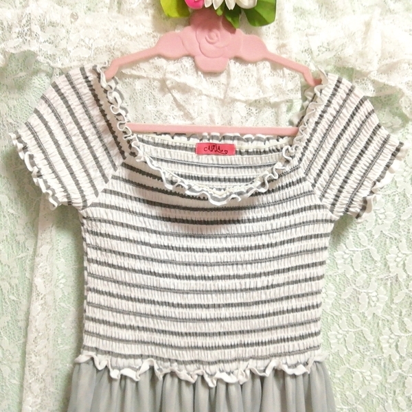 白グレー縞々チュールスカート半袖フリルチュニック ネグリジェ ワンピース Grey white striped tulle skirt tunic negligee dress