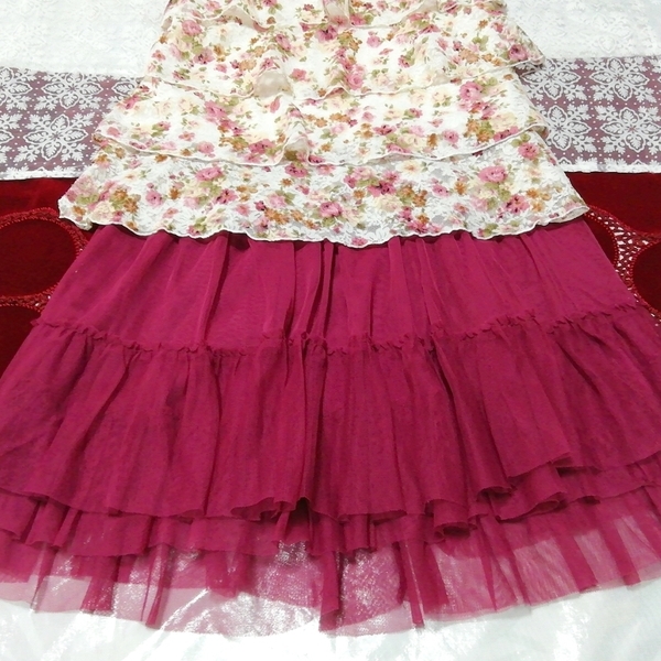 フリル白ピンク花柄レースキャミソール ネグリジェ キュロットプリーツミニスカート 2P White pink floral lace camisole negligee skirt_画像2