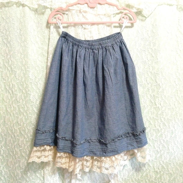  pink race cotton cotton camisole negligee Denim white race skirt 2P Pink lace cotton camisole negligee denim white lace skirt