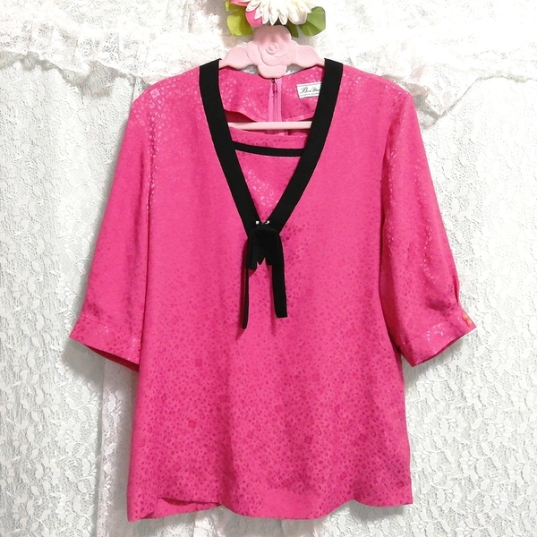 ピンク黒リボンシフォン半袖チュニック ネグリジェ サテングレーボトムス 2P Pink black ribbon chiffon tunic negligee satin gray pants_画像4