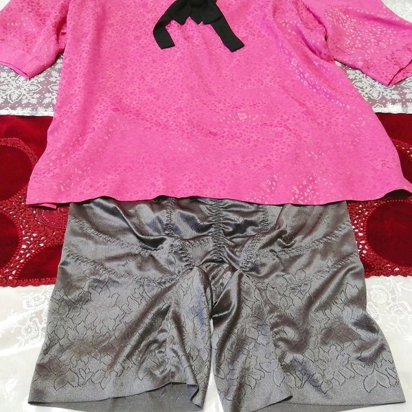 ピンク黒リボンシフォン半袖チュニック ネグリジェ サテングレーボトムス 2P Pink black ribbon chiffon tunic negligee satin gray pants_画像2