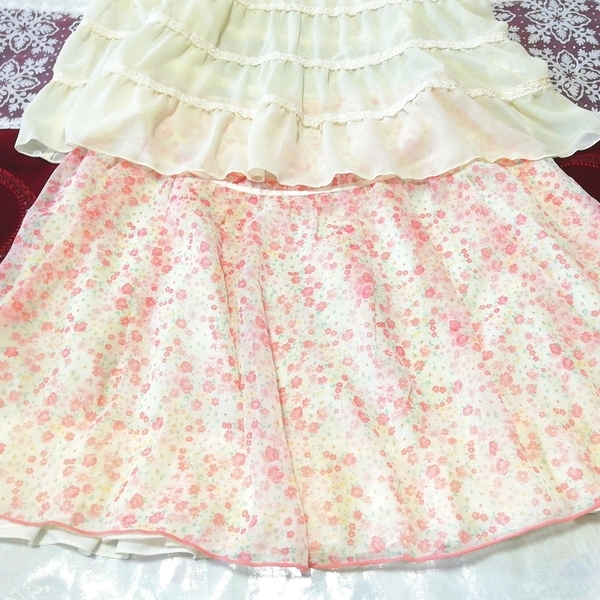  white chiffon see-through camisole negligee pink floral print miniskirt 2P White chiffon camisole negligee pink mini skirt