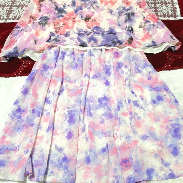  white purple pink chiffon no sleeve tunic negligee watercolor pattern flair skirt 2P White purple pink chiffon tunic negligee flare skirt
