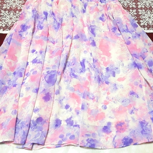  white purple pink chiffon no sleeve tunic negligee watercolor pattern flair skirt 2P White purple pink chiffon tunic negligee flare skirt