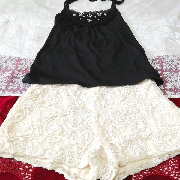 黒レースキャミソール ネグリジェ 白珠ショートパンツ 2P Black lace camisole negligee white ball shorts_画像3