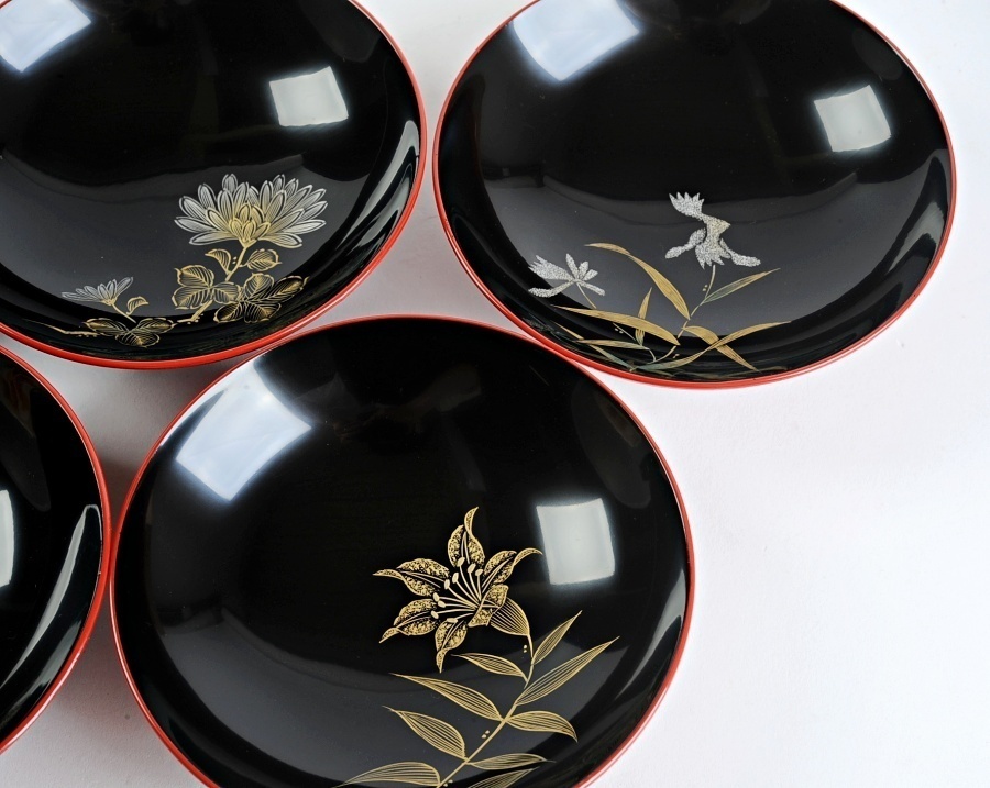 塗師 茶平一斎 作 輪島塗 沈金付 煮物椀 5客 共箱付 茶道具 懐石