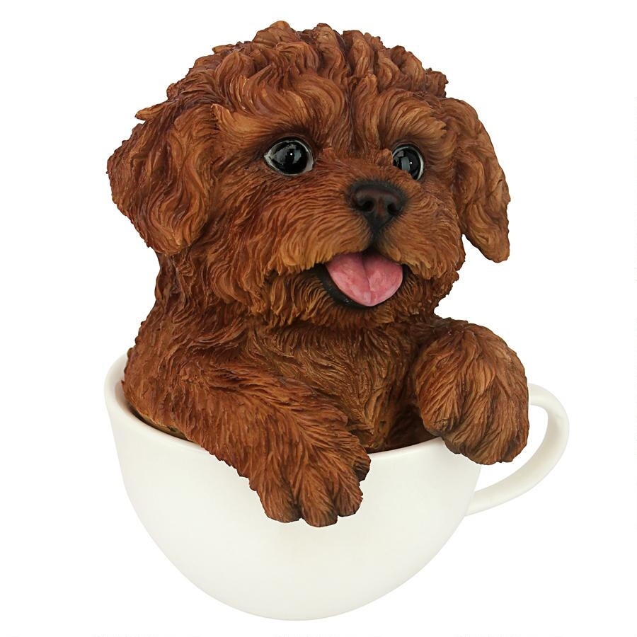 コーヒーカップに入った子犬プードル インテリア置物雑貨アニマルオブジェフィギュアちょこんとホームデコ人形かわいい小物犬茶色レッド