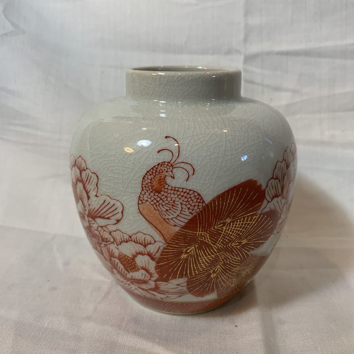 希少 九谷焼 久谷木米作 金彩赤絵 大型花瓶 美品 在銘有 店じまいSALE中 九谷焼/陶器製 銘あり 花瓶 3点/赤絵 金彩 雉 花絵 花器 花生 染