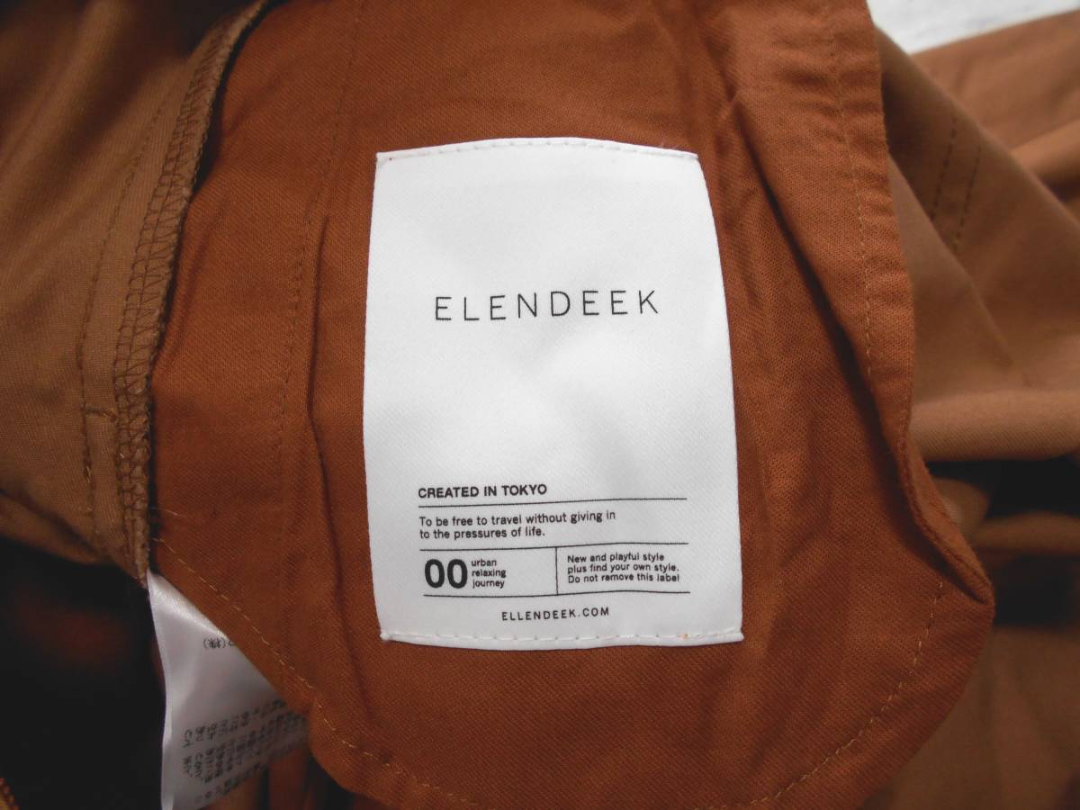 〔美品 送料無料 〕 ELENDEEK エレンディーク キャメル コットン ワイド フレア パンツ ( 日本製 綿100％ ゆったり ラクチン ８分丈 ボトム_ブランドタグのアップ
