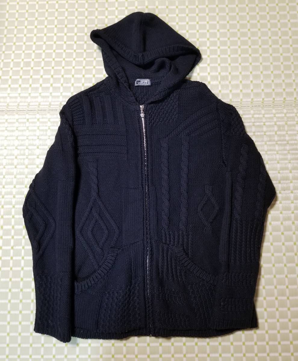 GIANNI VERSACE ジャンニヴェルサーチ 編み込み 総柄 フルジップセーター パーカー 黒 ブラック　size50 美品