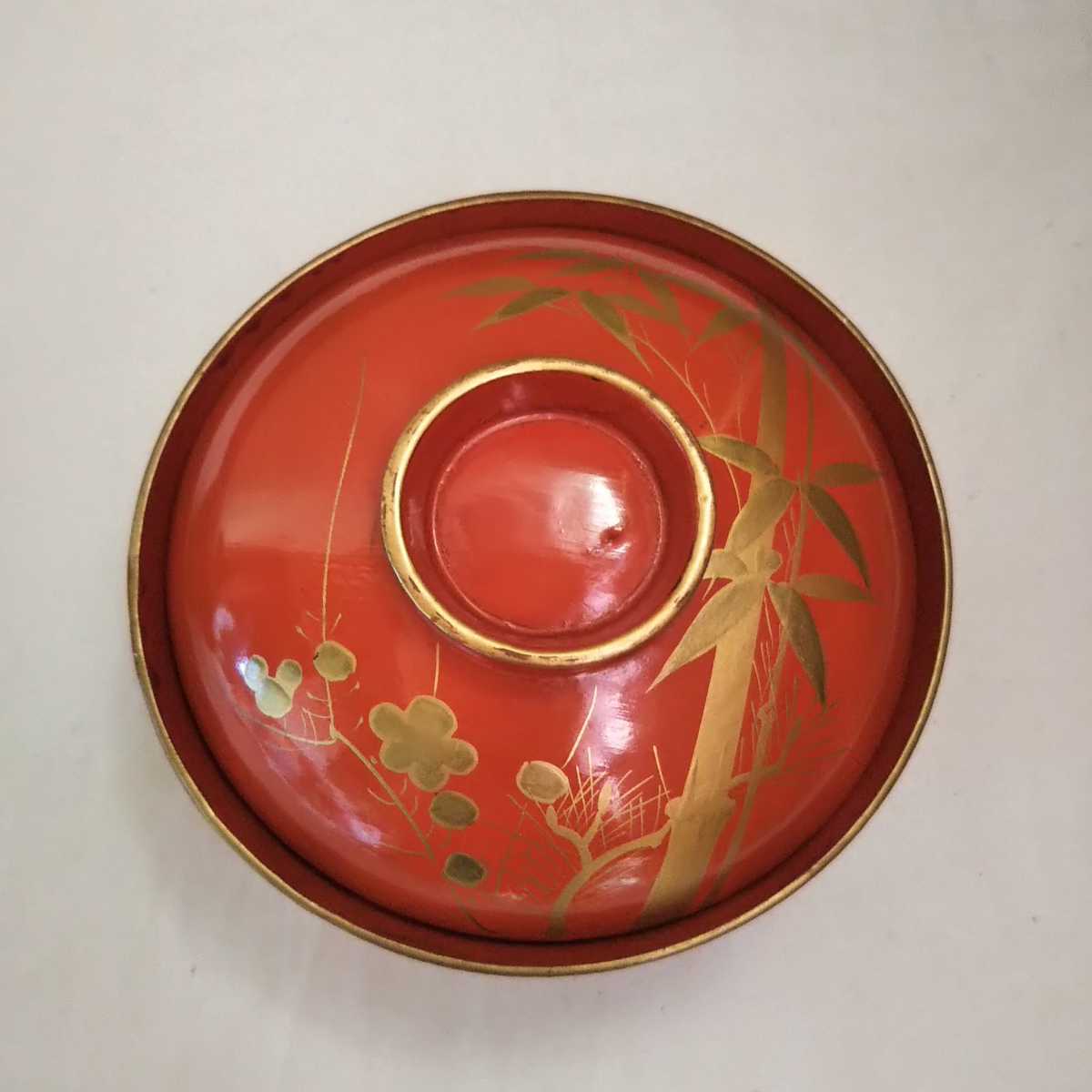 天然木製 漆器 金彩蒔絵 松竹梅図 蓋付汁椀 朱椀 和食器 2客 _画像4