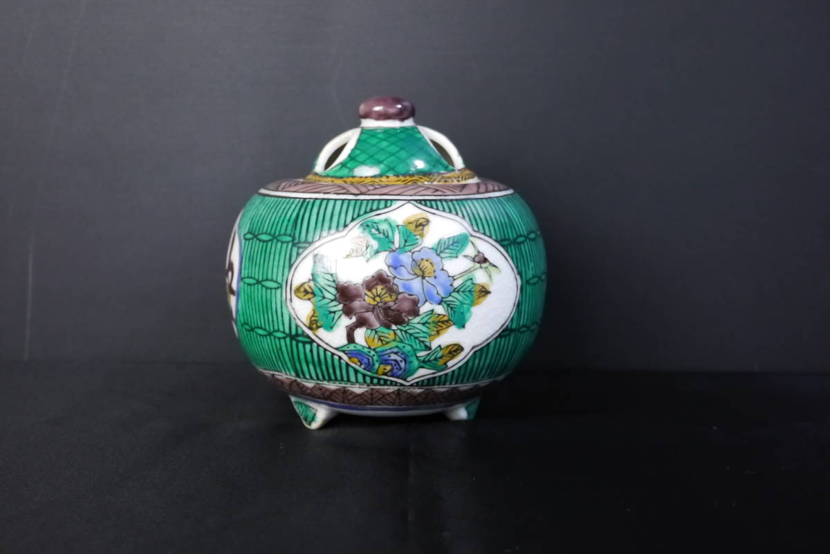 角福印 香炉 九谷/九谷焼 青手九谷/古九谷 三足 風景画 銘なし 陶磁器/陶器 香道具/茶道具/仏具 置物/飾り物 美術品/工芸品 『ZJ159』