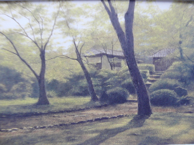 吉田 伊佐 【新緑の守護寺】 希少画集画、状態良好、新品高級額装付、送料無料、洋画 油彩 風景、zero_画像1