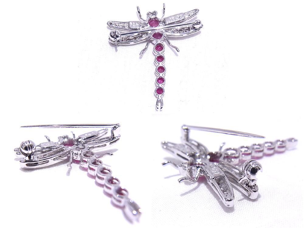 750 K18WG white gold brooch dragonfly motif diamond 0.12ct ruby 0.85ct [ used ][ degree A][ No-brand ]