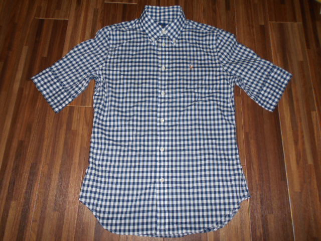 * Ralf *S/160cm navy blue × white. silver chewing gum check. short sleeves shirt / multi po knee 