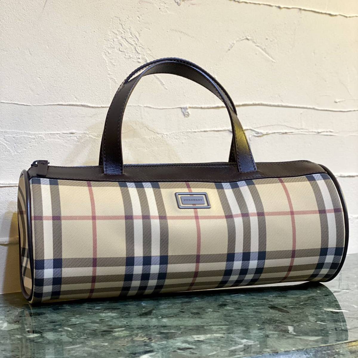 希少デザイン 美品 BURBERRY LONDON 筒型 ハンドバッグ ミニボストン型 ノバチェック バーバリーチェック ヴィンテージバッグ