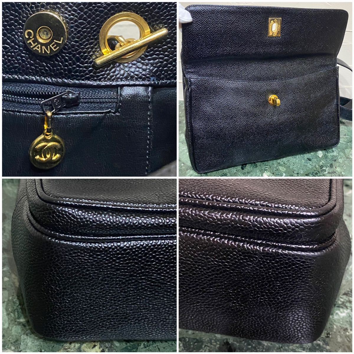 美品 VINTAGE CHANEL キャビアスキン ダブルフェイス チェーンショルダーバッグ ブラック黒 デカココ ターンロック金具 肩掛けトートバッグ_画像8