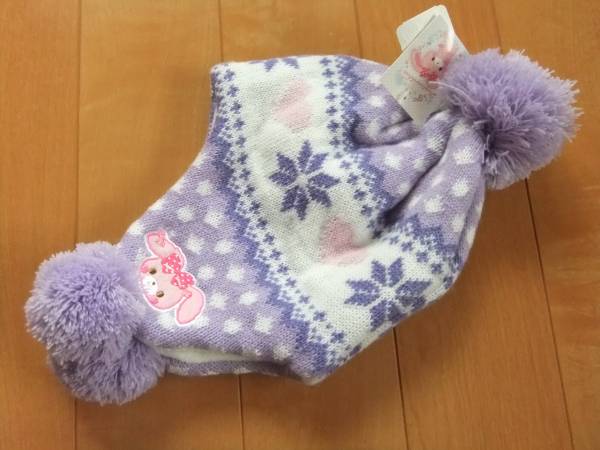 新品タグ付耳付きポンポンリボンニット帽子