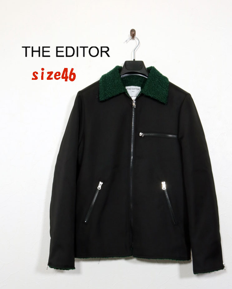 新品　最大値下げ　 THE EDITOR ジ エディター ボア付きジップアップジャケット　ブラックxグリーン　サイズ46