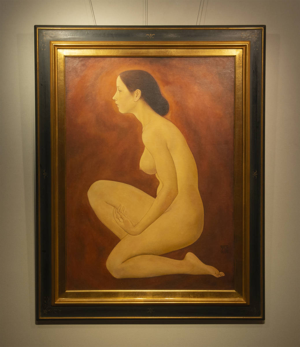 薛雁群 1987年作 側跪的女人体 油画 額装 著録品 真作保証 中国 絵画