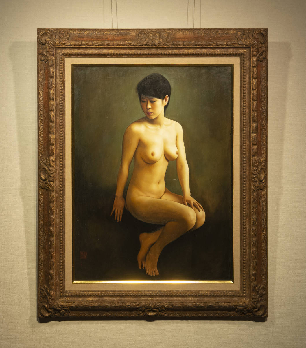 薛雁群 1992年作 坐着的女人体 油画 額装 著録品 真作保証 中国 絵画 現代美術_画像1