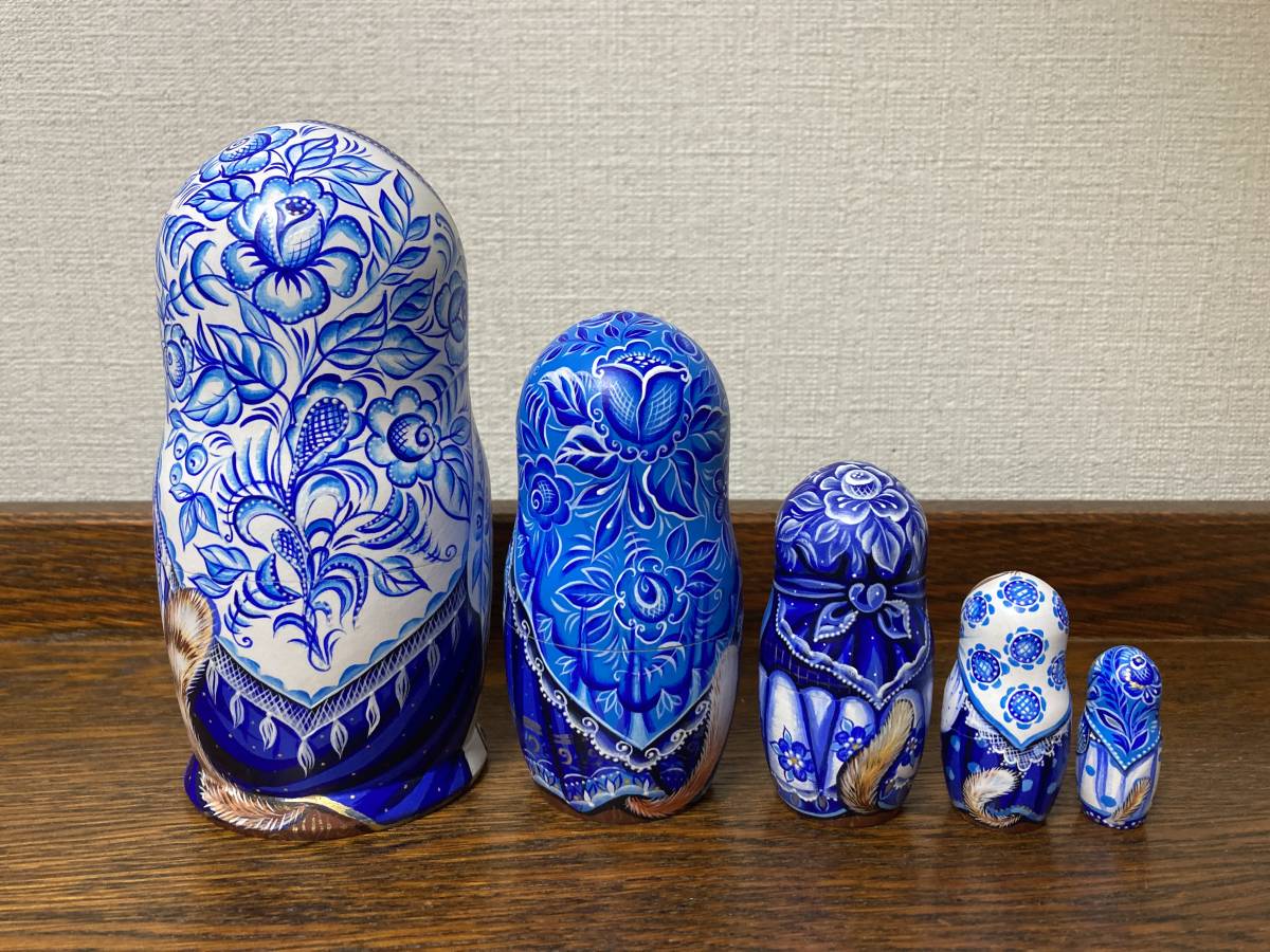 年末感謝セール♪ ロシア雑貨☆グジェリ柄ネコマトリョーシカ(5P)H14cm