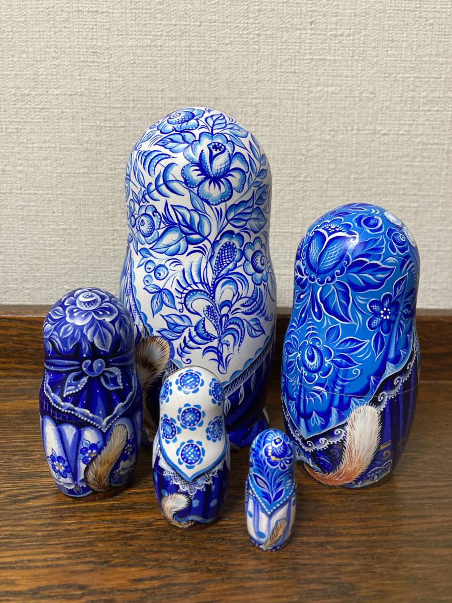 年末感謝セール♪ ロシア雑貨☆グジェリ柄ネコマトリョーシカ(5P)H14cm