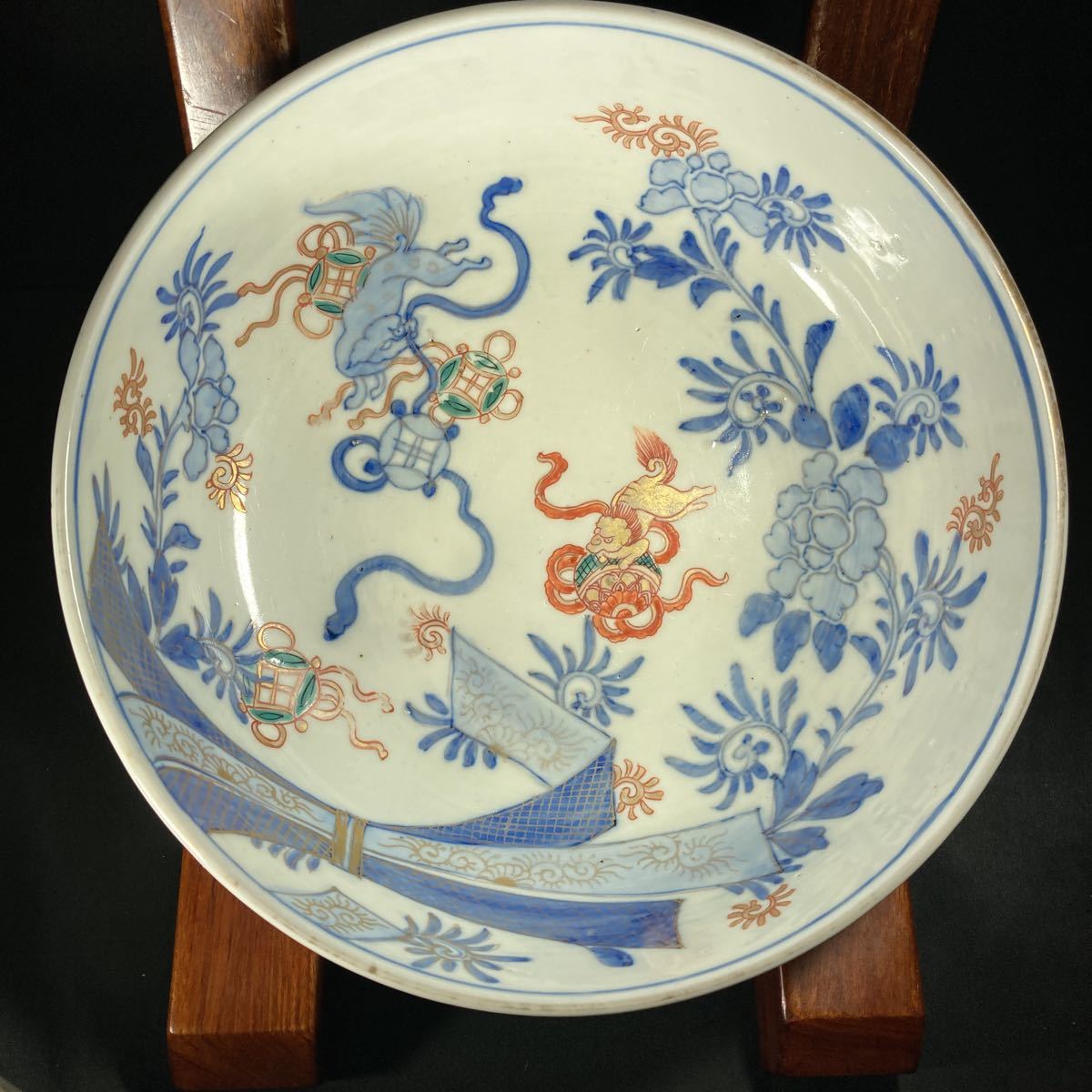 古伊万里 染付 金彩　赤絵　唐獅子　鳳凰　　大深鉢［13］