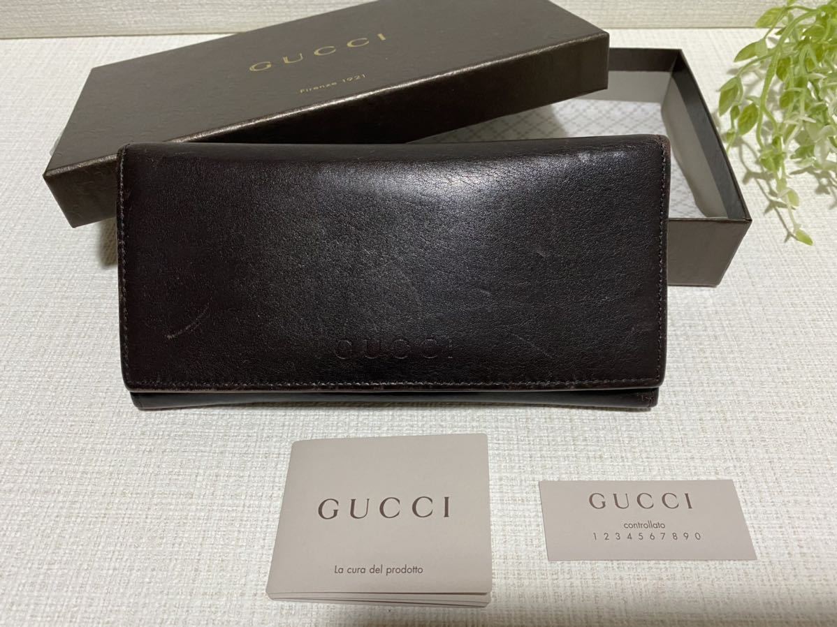 美品☆GUCCIグッチロゴ入り本革長財布レザーロングウォレット札入れ箱付きダークブラウンイタリアにて購入希少品レア男女兼用ユニセックス_画像1