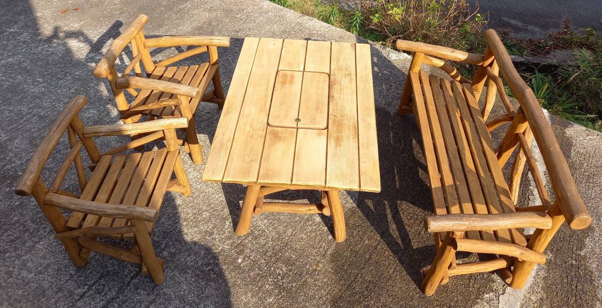 テーブルセット　(テーブル×1台、長椅子×1脚、一人掛け椅子×2脚)　中古品　引き取り限定