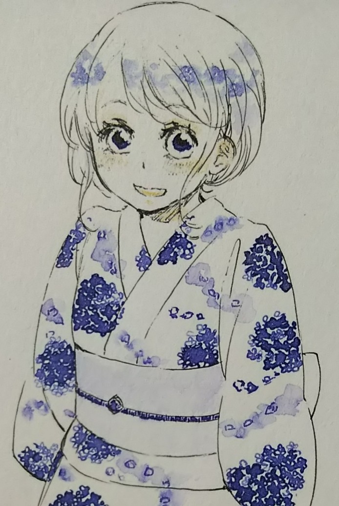 ヤフオク 手描きイラスト あじさいの浴衣の女の子 紫陽花