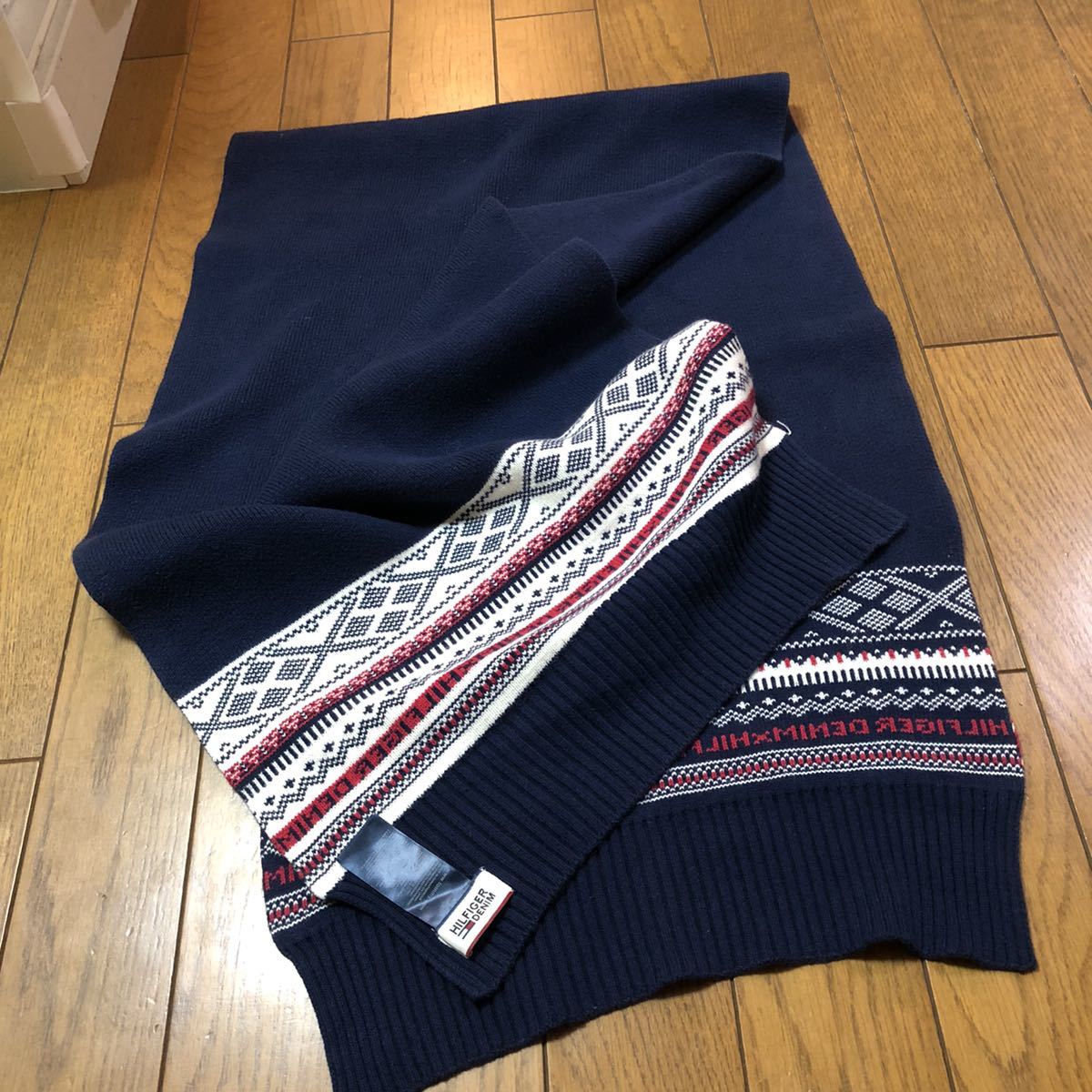 厚手大判！ヒルフィガーデニム 古着ノルディック柄ストール マフラー 48×162 TOMMY トミーヒルフィガー_画像2