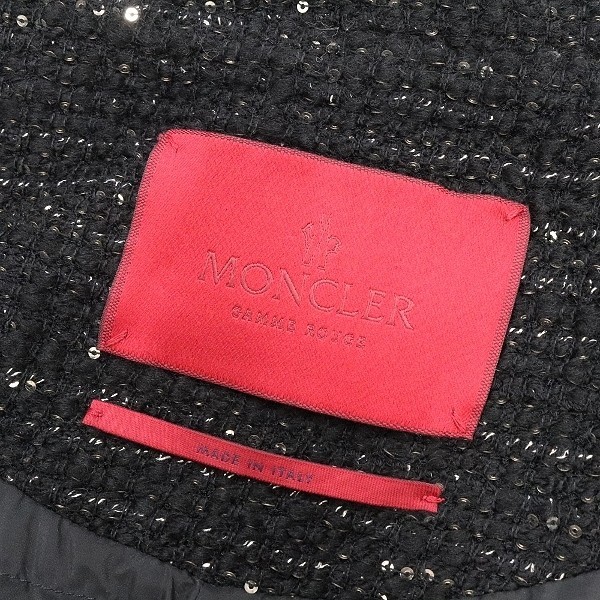 ◆MONCLER GAMME ROUGE/モンクレール ガムルージュ ロゴプレート スパンコール シルク混 ツイード ジップデザイン ダウン コート 黒 0_画像6