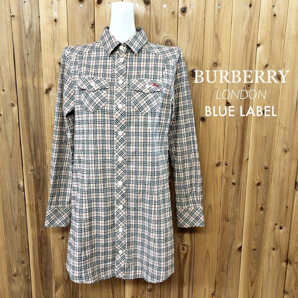 【美品】BURBERRY LONDON /BLUE LABEL＊バーバリー ロンドン 長袖シャツ チュニック ノバチェック 刺繍 ストレッチ 三陽商会 レディース38