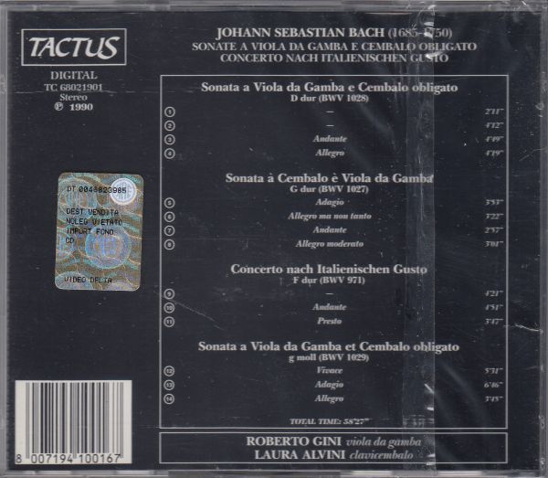 [CD/Tactus]バッハ:ヴィオラ・ダ・ガンバのためのソナタニ長調BWV1028他/R.ジーニ(vdg)&L.アルヴィーニ(cemb)_画像2