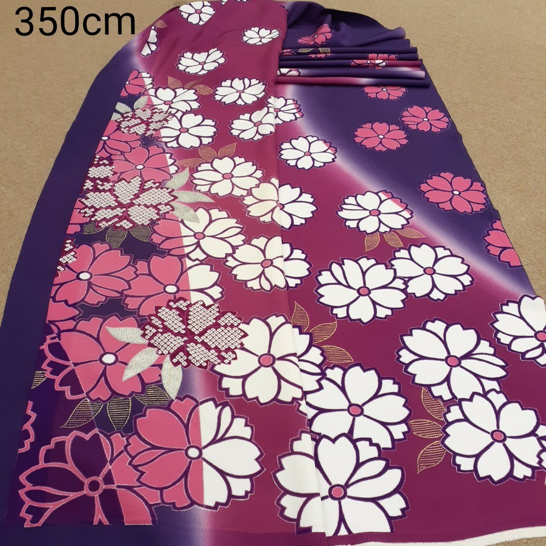 正絹　110509　紺紫色　赤紫色　ピンク色　花柄　シルク350cm　はぎれ　ハギレ　リメイク　ハンドメイド