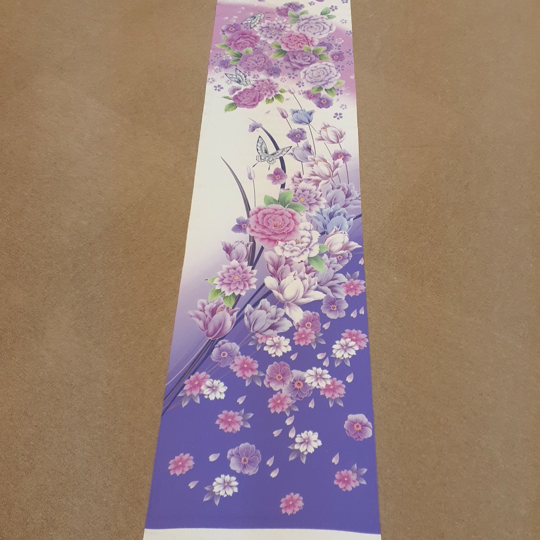 正絹　111004　白色　紫色　花柄　蝶々　シルク230cm　はぎれ　ハギレ　リメイク　ハンドメイド