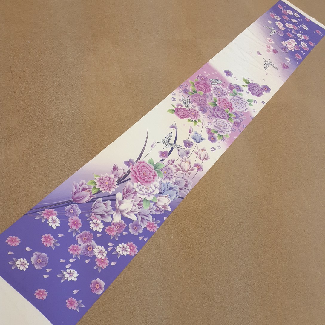 正絹　111004　白色　紫色　花柄　蝶々　シルク230cm　はぎれ　ハギレ　リメイク　ハンドメイド