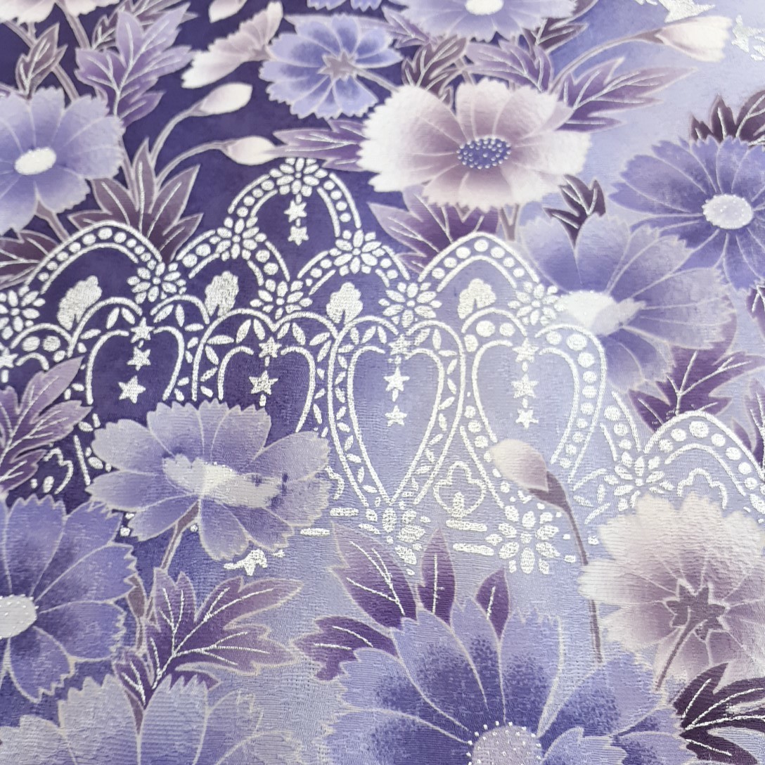 正絹　112601　紫色　シルバー色　花柄　シルク230cm　はぎれ　ハギレ　リメイク　ハンドメイド