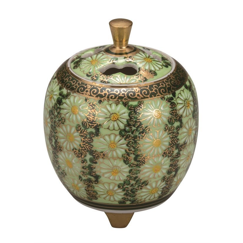 羽利清胡 造 金彩色絵 花詰 香炉 共箱 茶道具 / 九谷 鏑木 絵付師