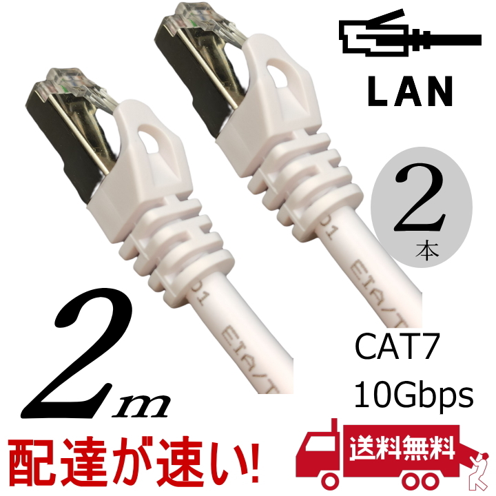 お買い得【2本セット】LANケーブル 2m Cat7 高速転送10Gbps/伝送帯域600Mhz RJ45コネクタツメ折れ防止 ノイズ対策シールドケーブル7T02x2□