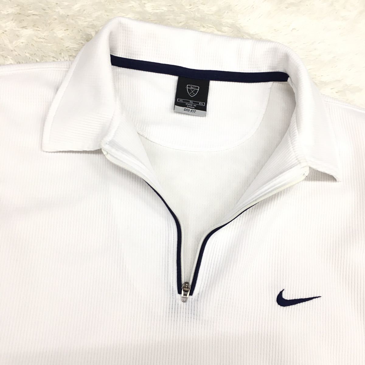 NIKEGOLF DRI-FIT ナイキゴルフ ゴルフウェア 半袖シャツ ハーフジップ ドライフィット 速乾 スウォッシュロゴ 刺繍 メンズ XL 白_画像3