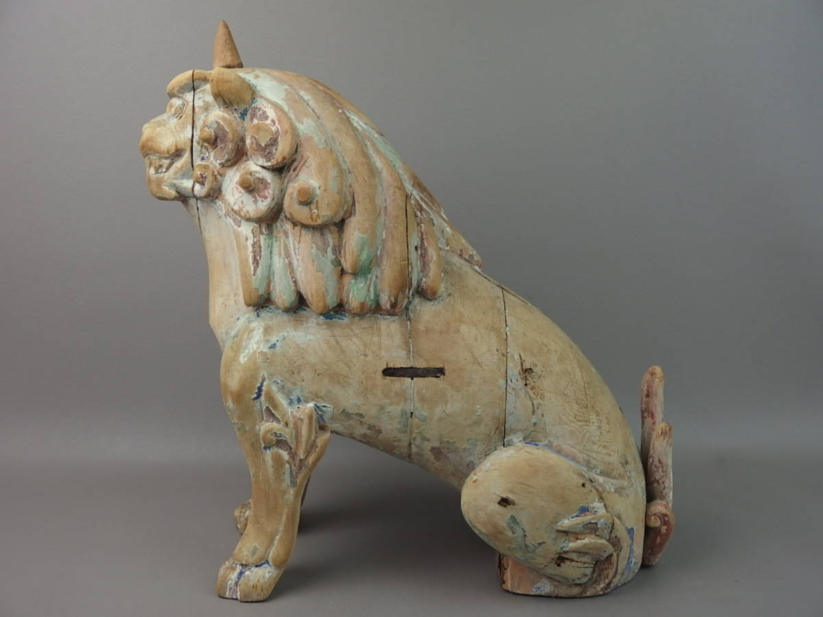 骨董・彫刻】☆時代木彫 古い 木彫彩色狛犬 獅子 一対 cq067tall 仏教