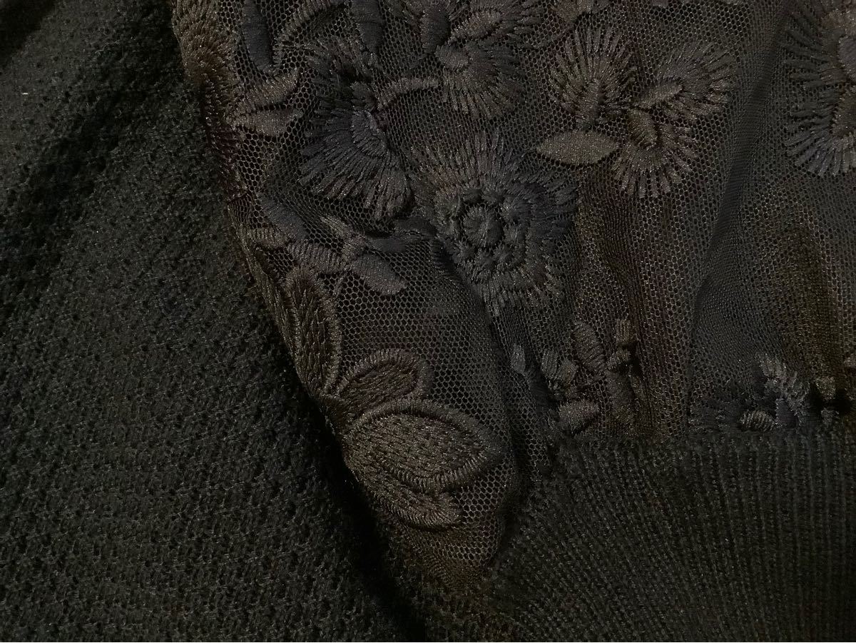 未使用　袖の刺繍が素敵です！薄手ニットカットソー　黒　M