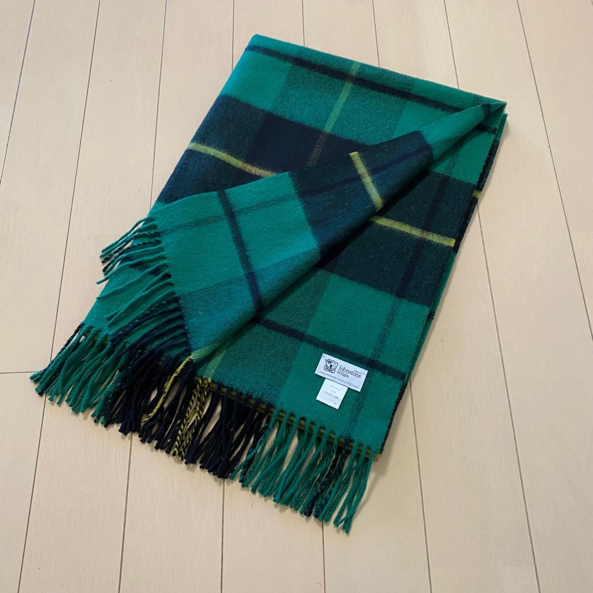 ジョンストンズ カシミヤ 大判 ストール グリーン ブラック 美品 グリーン ブラック JOHNSTONS ハンティングウォレス