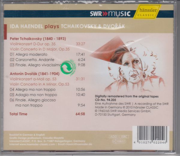 [CD/Hanssler]チャイコフスキー:ヴァイオリン協奏曲ニ長調Op.35他/I.ヘンデル(vn)&H.M=クライ&南ドイツ放送交響楽団 1960.1.8他_画像2